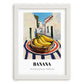 Banana – White village Outdoor Café Scene, Fruit Illustration, placed in minimal white frame