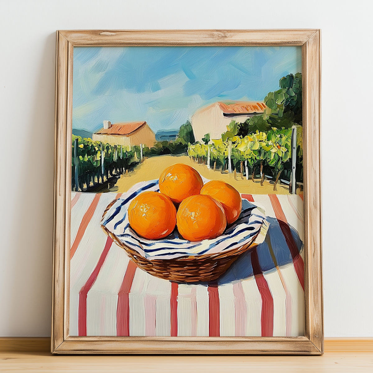 Orange – Valley Café Scene, Fruit Painting, no-text version framed in wood