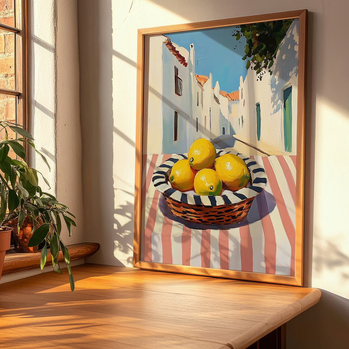 Lemon – White village Street Café Scene, Fruit Wall Decor, clean layout with no caption