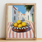 Lemon – White village Street Café Scene, Fruit Wall Decor, no-text version framed in wood