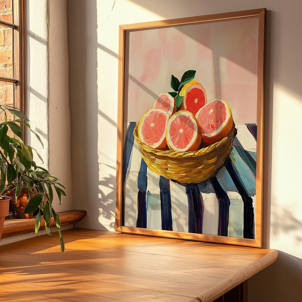 Grapefruit – on Striped Tablecloth, Fruit Still Life, clean layout with no caption
