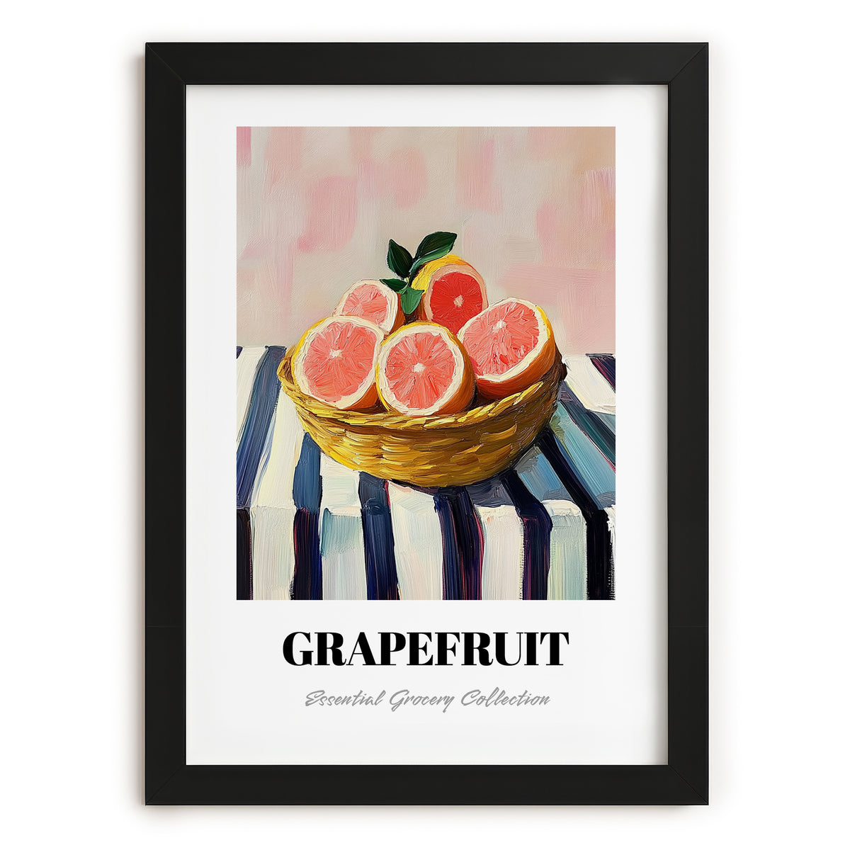 Grapefruit – on Striped Tablecloth, Fruit Still Life, in sleek black frame