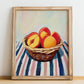 Peach – on Striped Tablecloth, Fruit Still Life, no-text version framed in wood