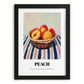Peach – on Striped Tablecloth, Fruit Still Life, in sleek black frame