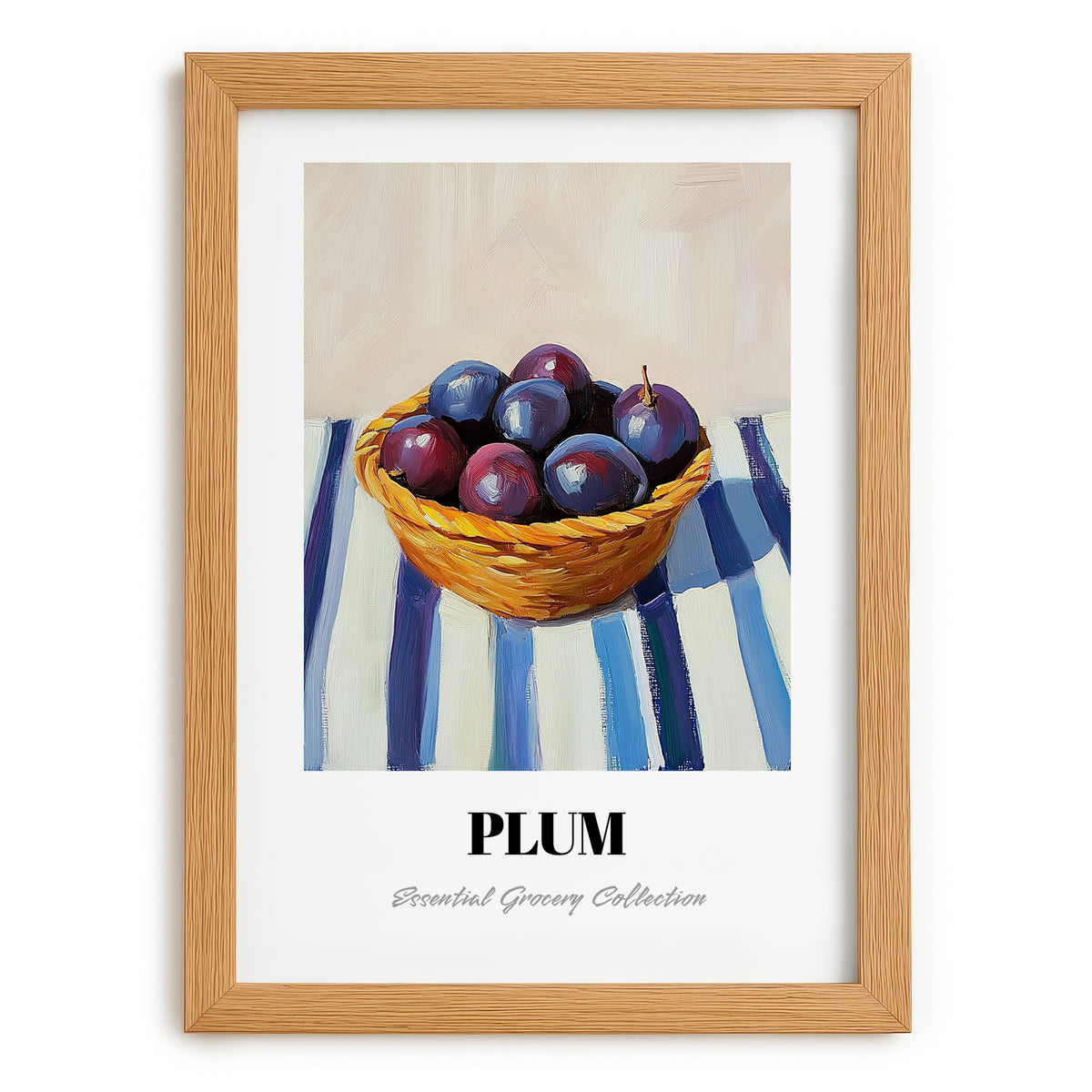 Plum – on Striped Tablecloth, Fruit Print, set in oak frame