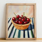 Cherry – on Striped Tablecloth, Fruit Still Life, no-text version framed in wood