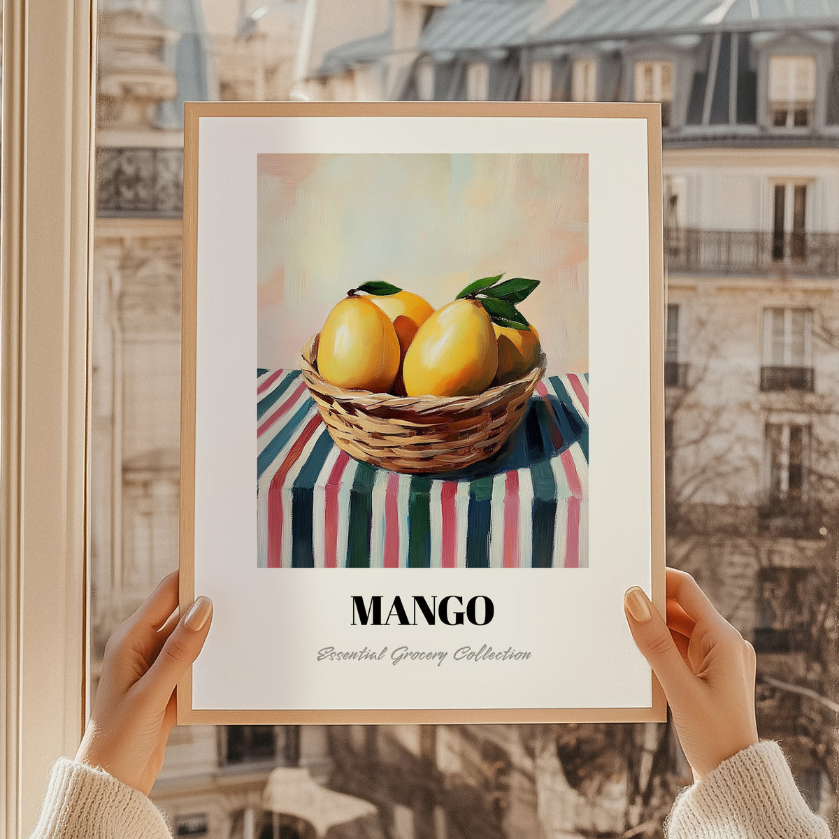 Mango – on Striped Tablecloth, Fruit Painting, styled in a charming Paris street view