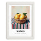 Mango – on Striped Tablecloth, Fruit Painting, placed in minimal white frame