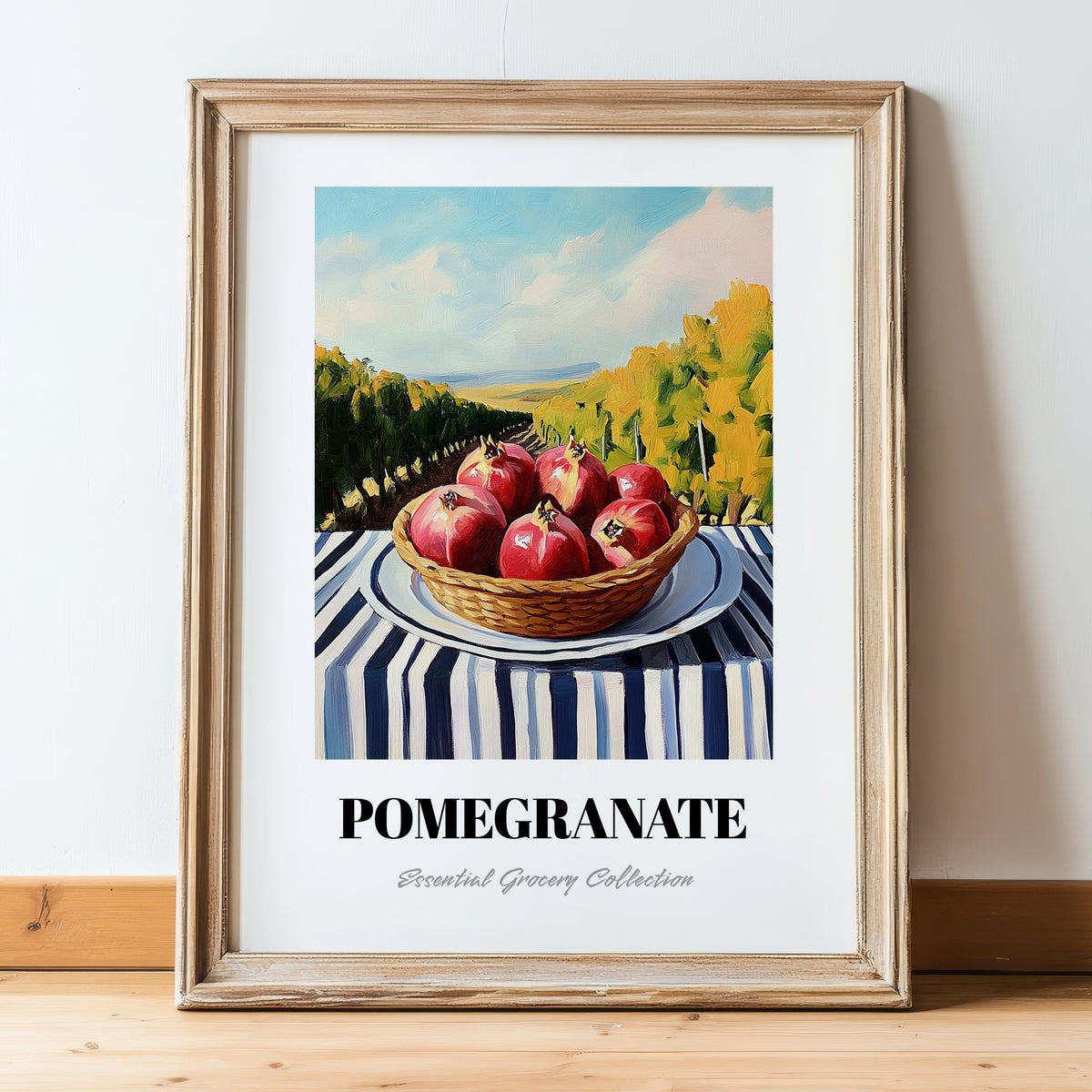 Pomegranate – Green Valley Landscape, Fruit Wall Decor, in wooden frame leaning on the floor