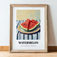 Watermelon – on Striped Tablecloth, Fruit Wall Decor, in wooden frame leaning on the floor
