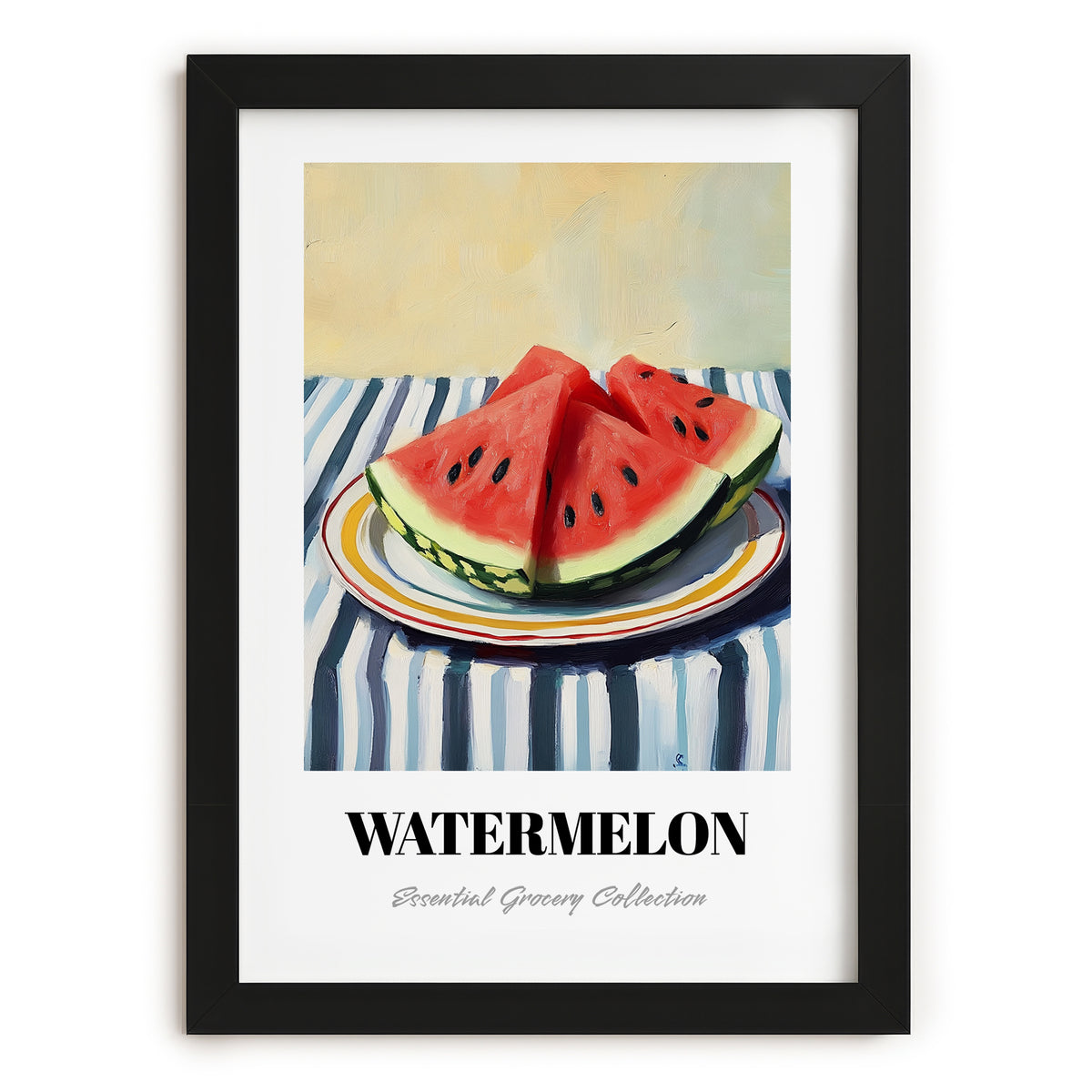 Watermelon – on Striped Tablecloth, Fruit Wall Decor, in sleek black frame