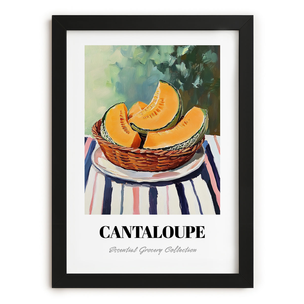 Cantaloupe – on Striped Tablecloth, Fruit Wall Decor, in sleek black frame
