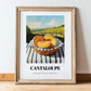 Cantaloupe – Valley Café Scene, Fruit Print, in wooden frame leaning on the floor