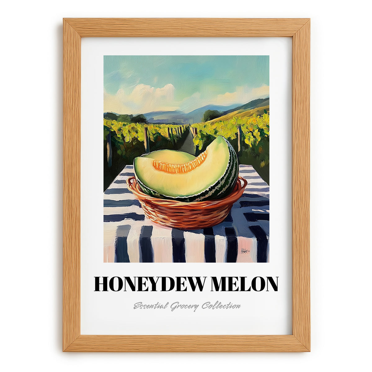 Honeydew Melon – Valley Café Scene, Fruit Illustration, set in oak frame
