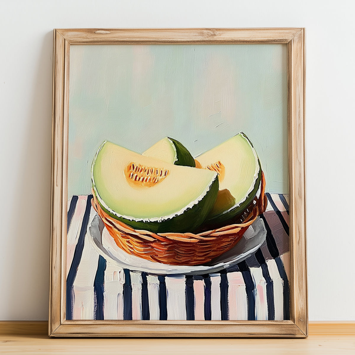 Honeydew Melon – on Striped Tablecloth, Fruit Wall Decor, no-text version framed in wood