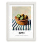 Kiwi – on Striped Tablecloth, Fruit Illustration, placed in minimal white frame
