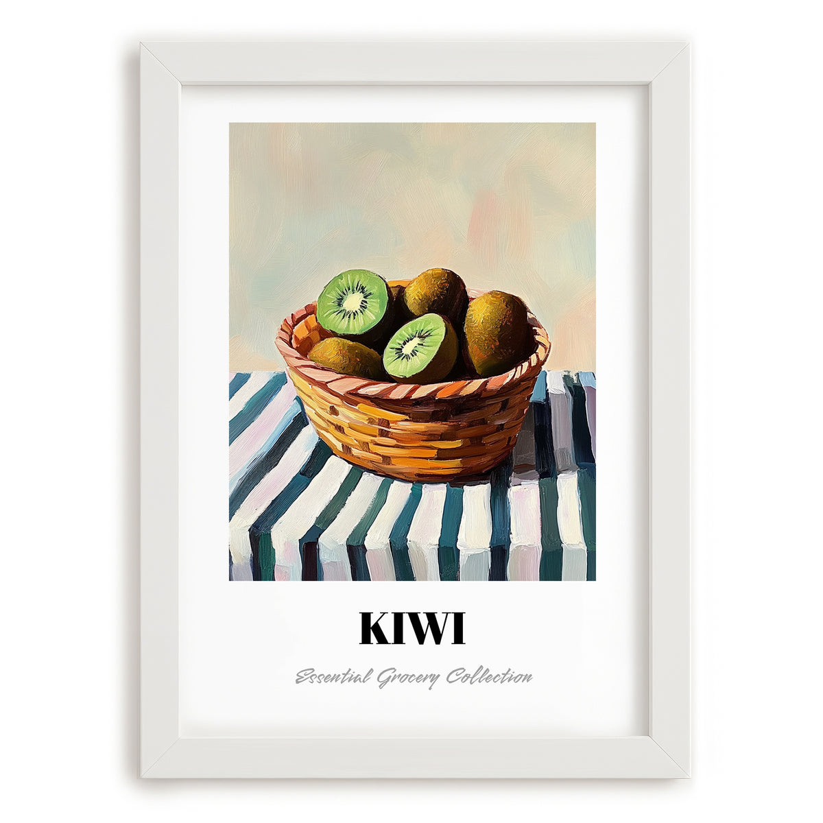 Kiwi – on Striped Tablecloth, Fruit Illustration, placed in minimal white frame