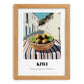 Kiwi – White village Outdoor Café Scene, Fruit Wall Art, set in oak frame