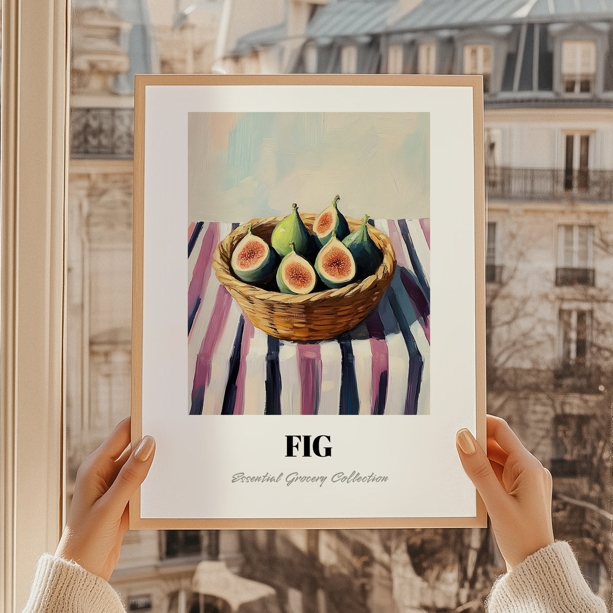 Fig – on Striped Tablecloth, Fruit Still Life, styled in a charming Paris street view