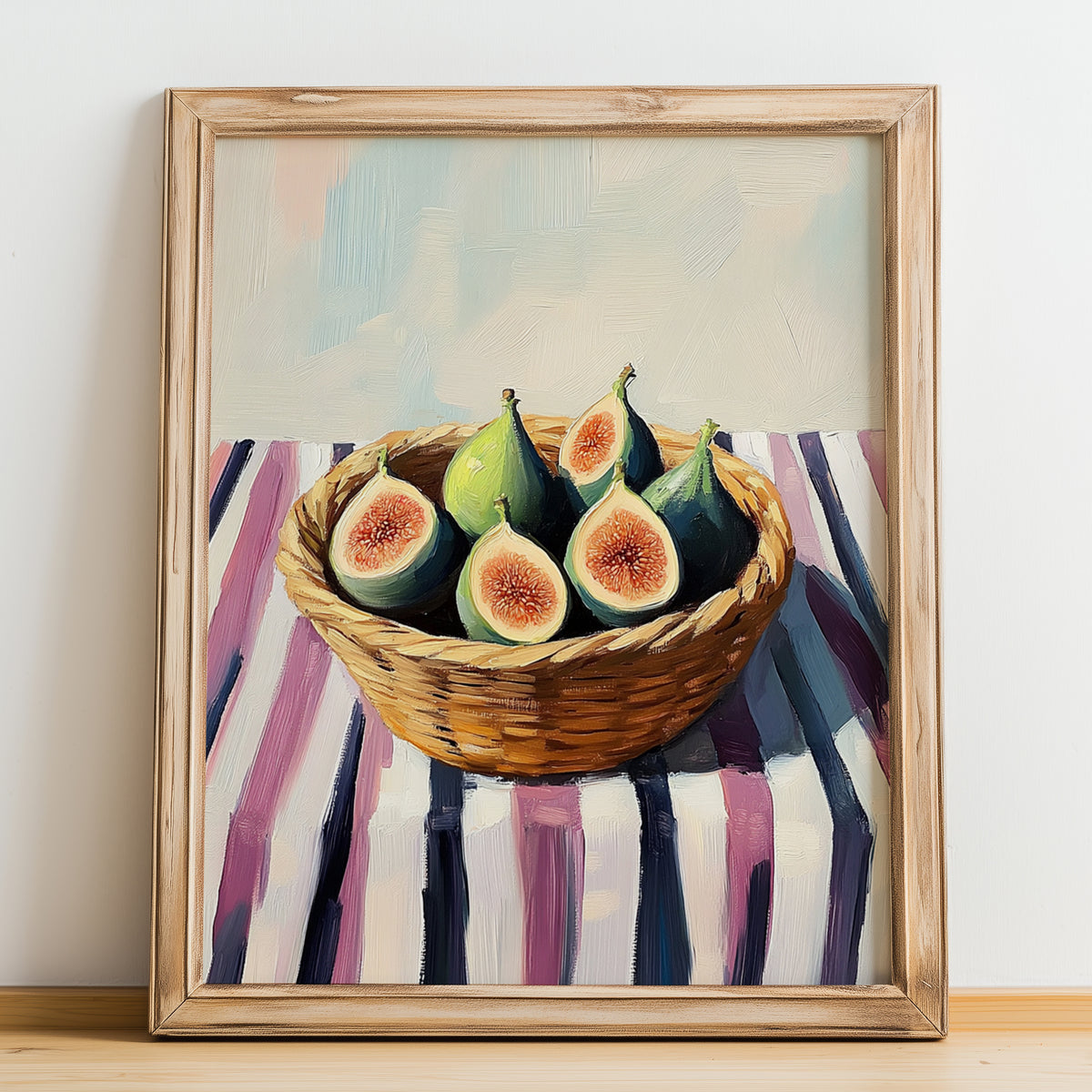 Fig – on Striped Tablecloth, Fruit Still Life, no-text version framed in wood