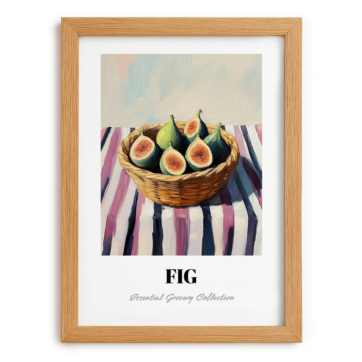 Fig – on Striped Tablecloth, Fruit Still Life, set in oak frame