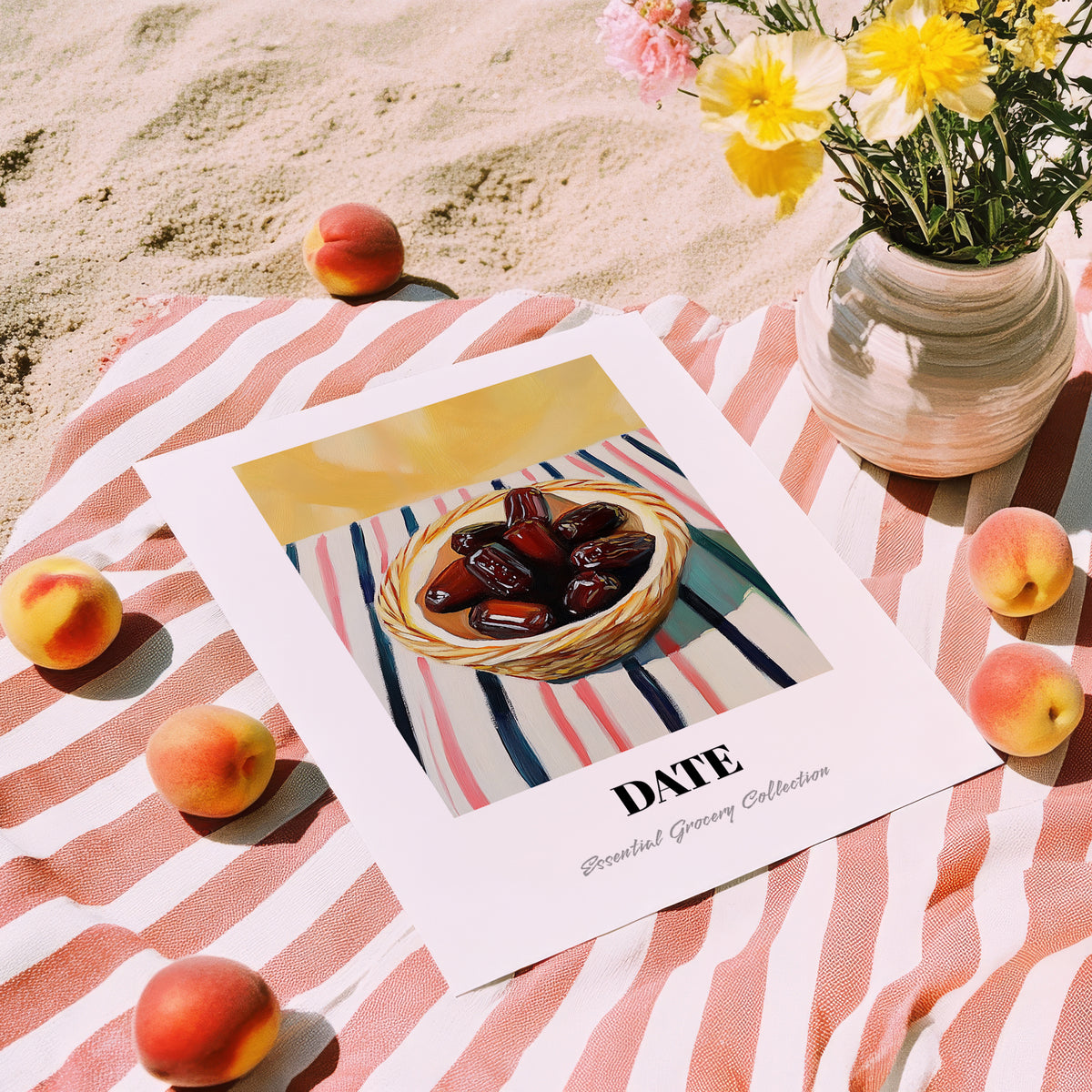 Date – on Striped Tablecloth, Fruit Print, unframed on coastal sand