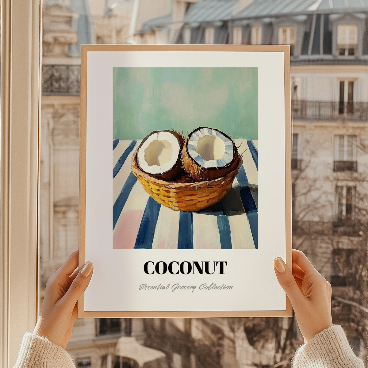Coconut – on Striped Tablecloth, Fruit Poster, styled in a charming Paris street view