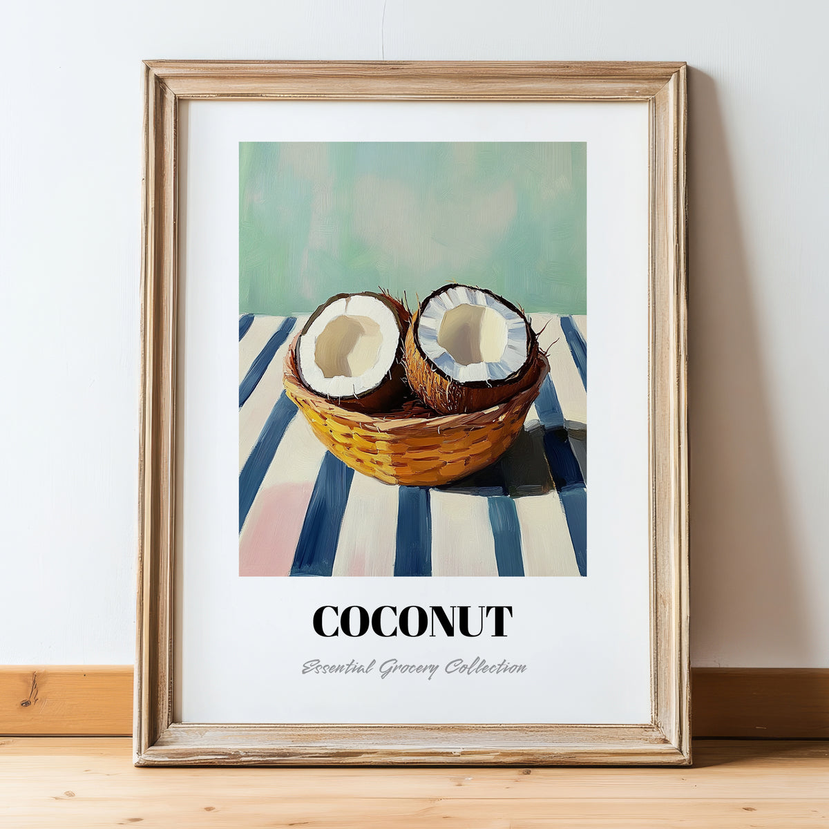 Coconut – on Striped Tablecloth, Fruit Poster, in wooden frame leaning on the floor