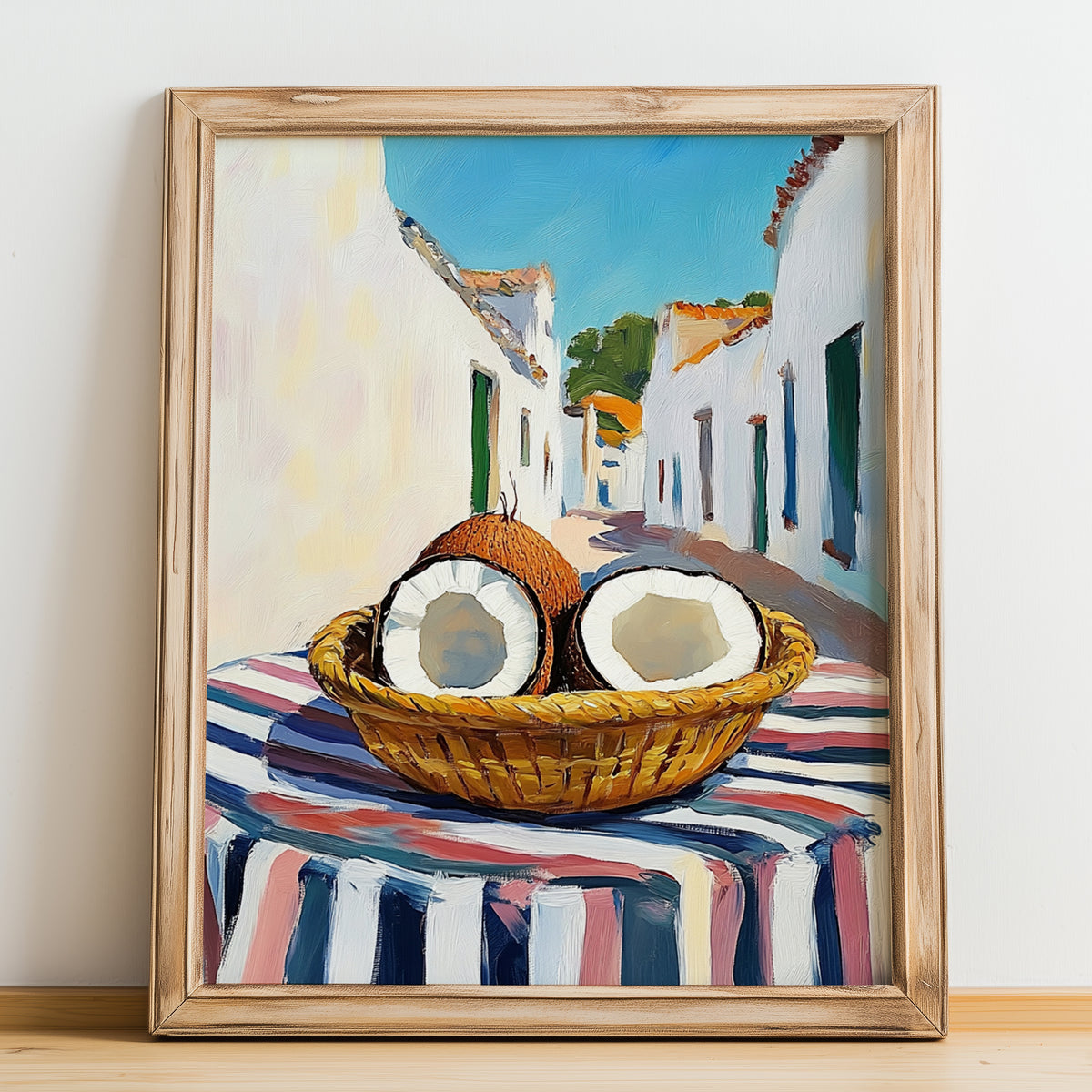 Coconut – White village Café on the Corner, Fruit Wall Decor, no-text version framed in wood