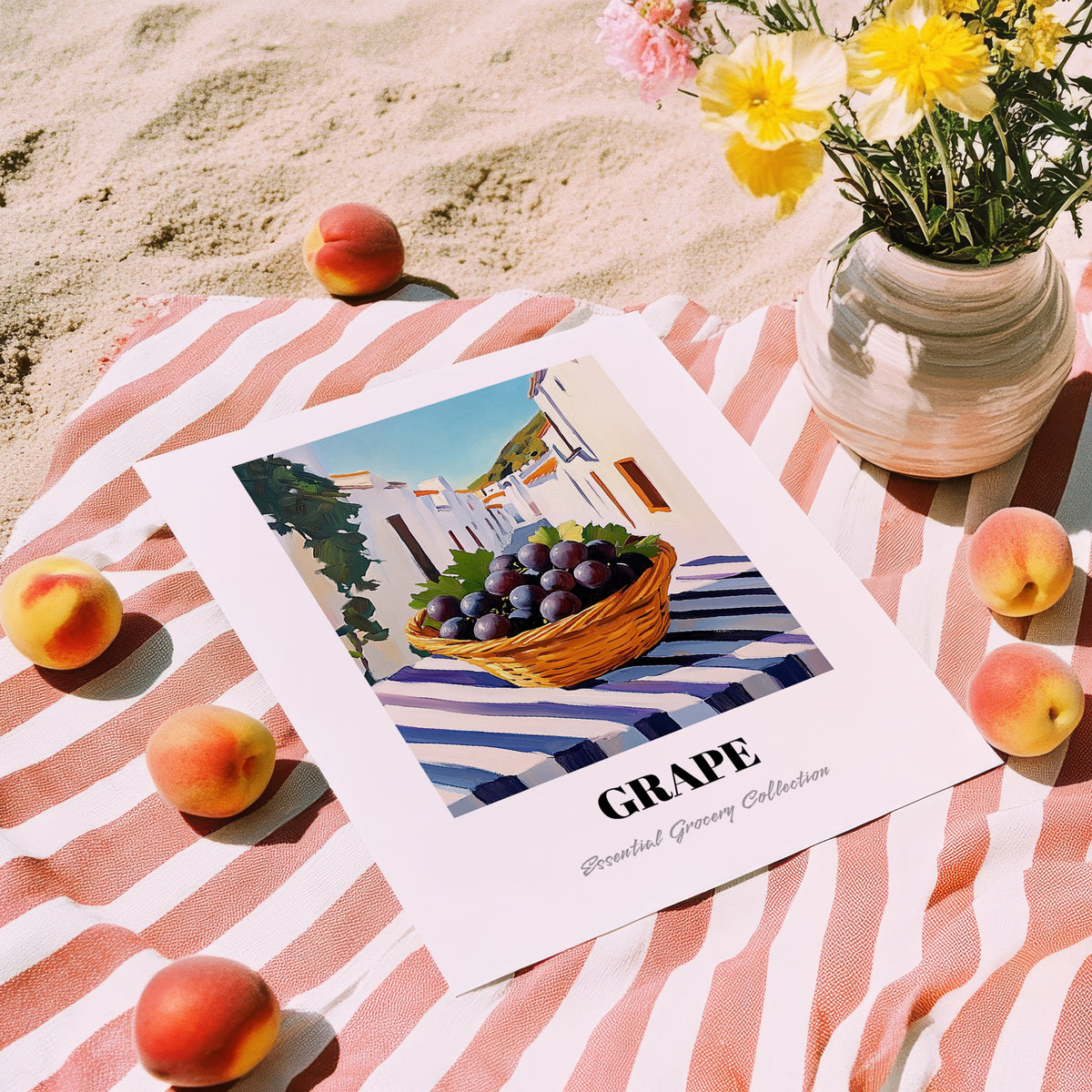 Grape – White village Street Café Scene, Fruit Wall Decor, unframed on coastal sand