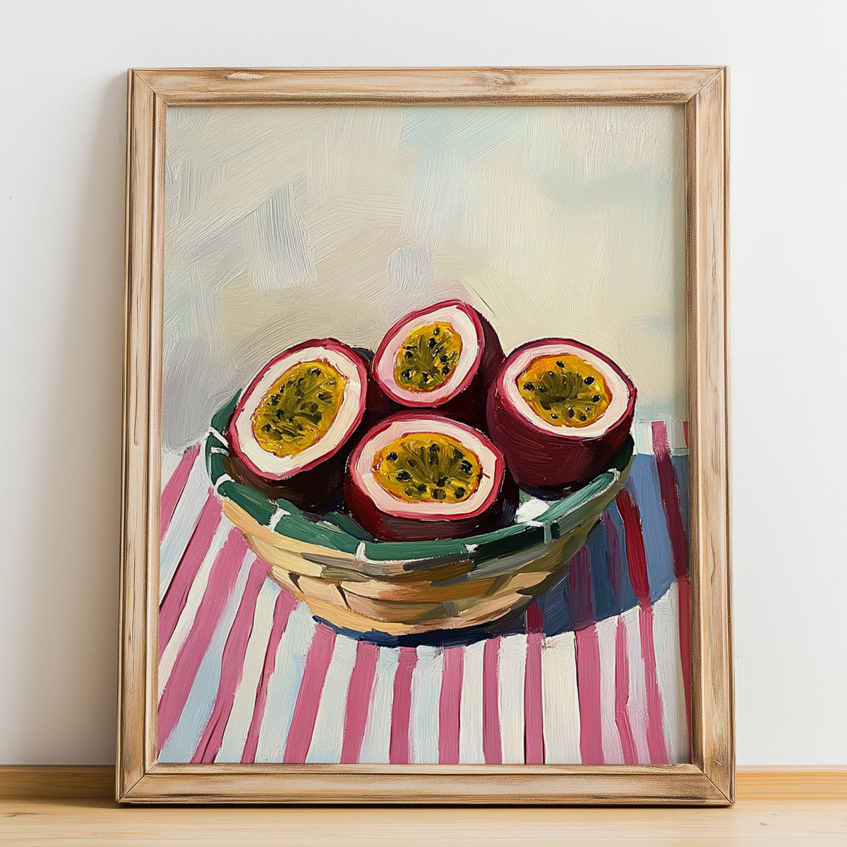 Passion Fruit – on Striped Tablecloth, Fruit Wall Decor, no-text version framed in wood