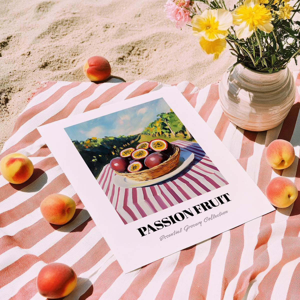 Passion Fruit – Green Valley Landscape, Fruit Print, unframed on coastal sand