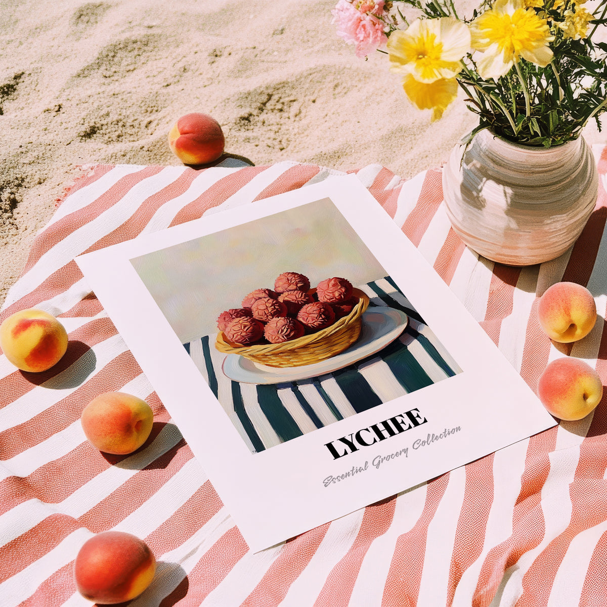 Lychee – on Striped Tablecloth, Fruit Still Life, unframed on coastal sand