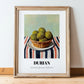 Durian – on Striped Tablecloth, Fruit Poster, in wooden frame leaning on the floor