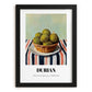 Durian – on Striped Tablecloth, Fruit Poster, in sleek black frame