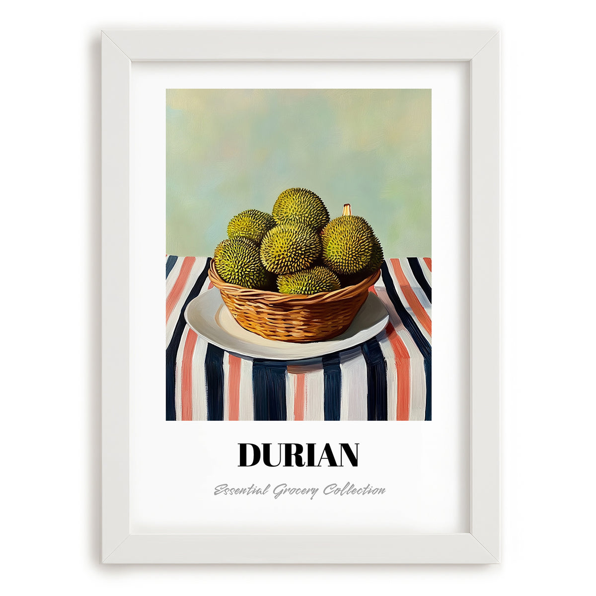 Durian – on Striped Tablecloth, Fruit Poster, placed in minimal white frame