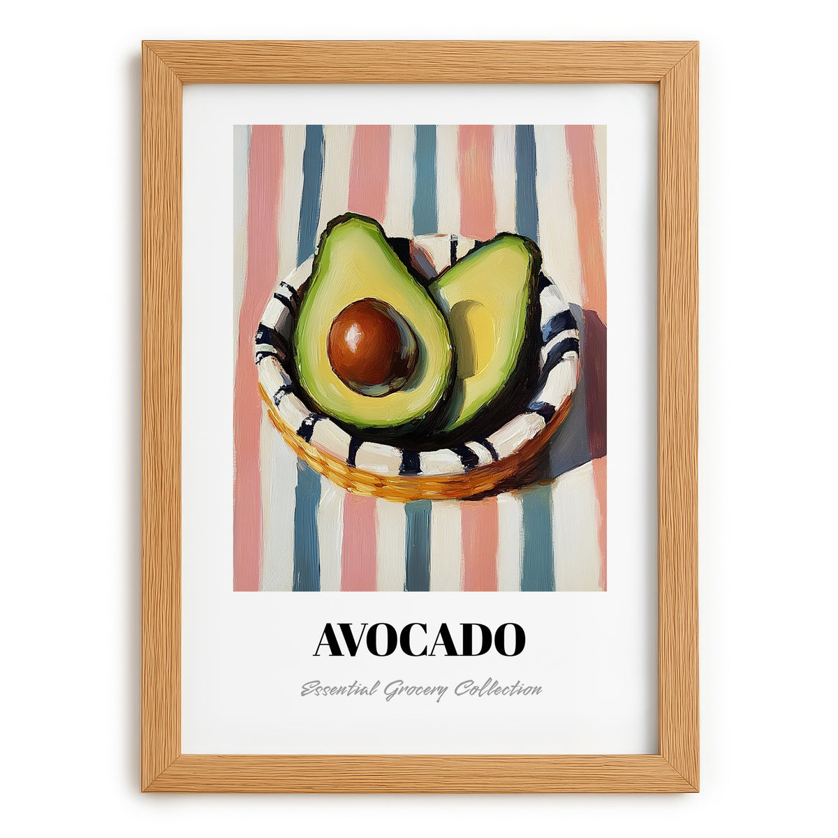 Avocado – on Striped Tablecloth, Vegetable Illustration, set in oak frame