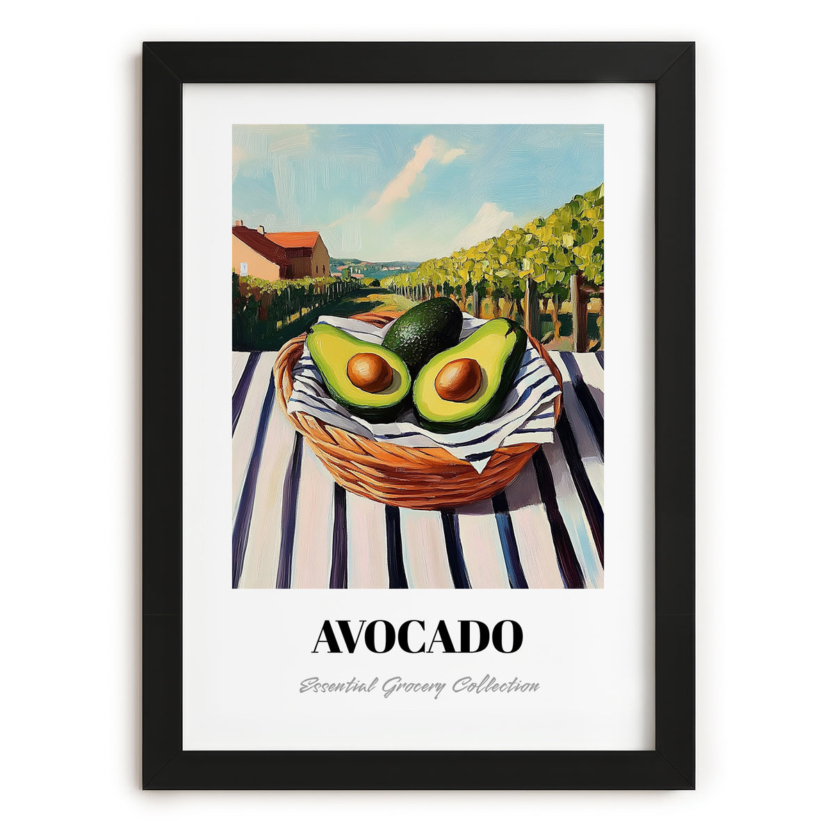 Avocado – Valley Café Scene, Vegetable Poster, in sleek black frame