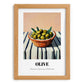 Olive – on Striped Tablecloth, Vegetable Wall Decor, set in oak frame