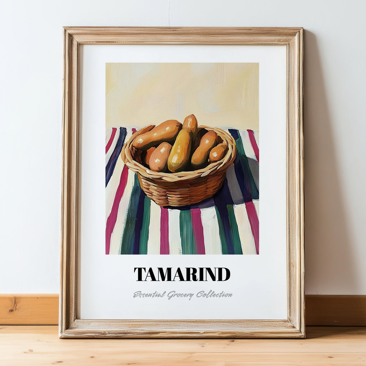 Tamarind – on Striped Tablecloth, Vegetable Still Life, in wooden frame leaning on the floor