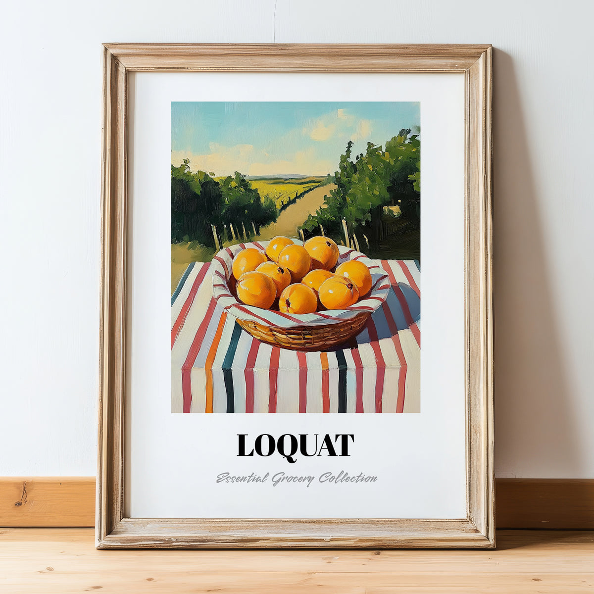 Loquat – Green Valley Landscape, Vegetable Painting, in wooden frame leaning on the floor