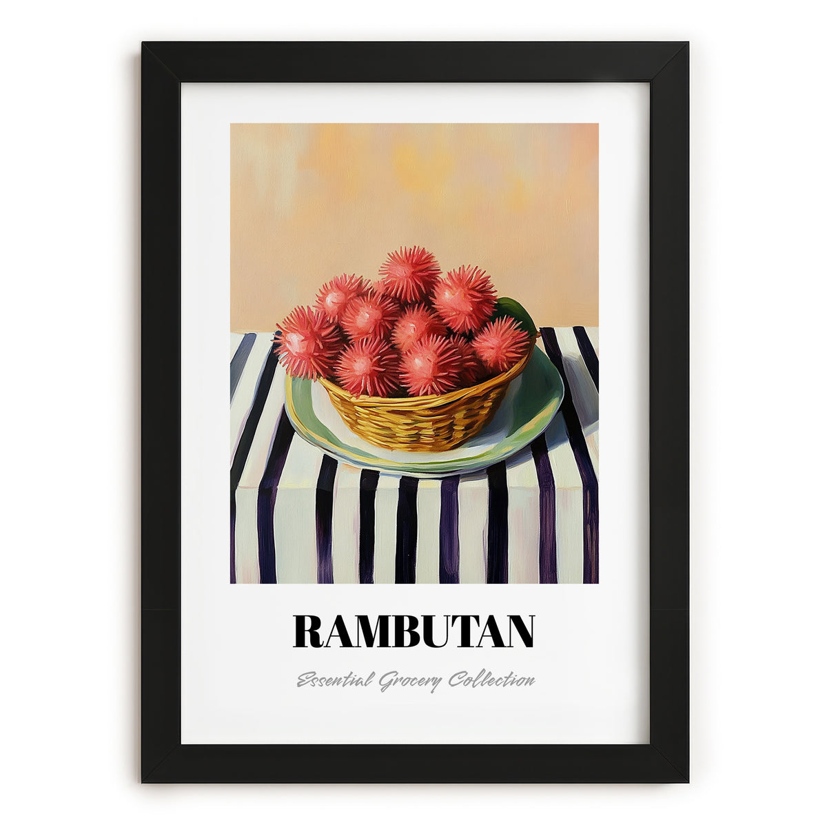 Rambutan – on Striped Tablecloth, Vegetable Wall Decor, in sleek black frame