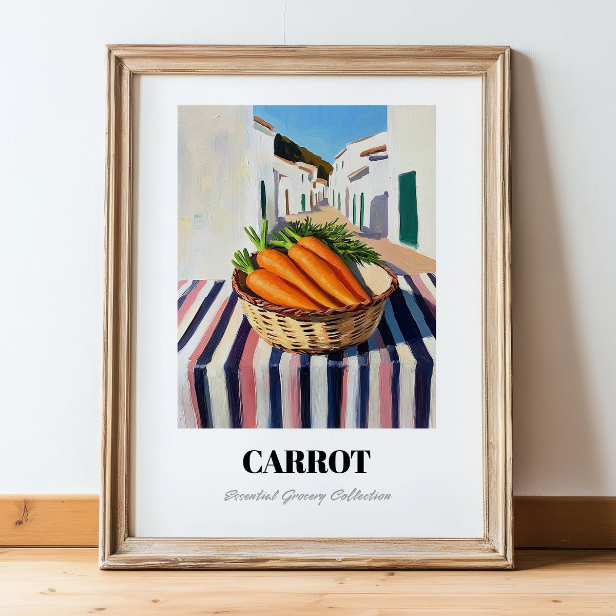 Carrot – White village Urban Café Scene, Vegetable Print, in wooden frame leaning on the floor