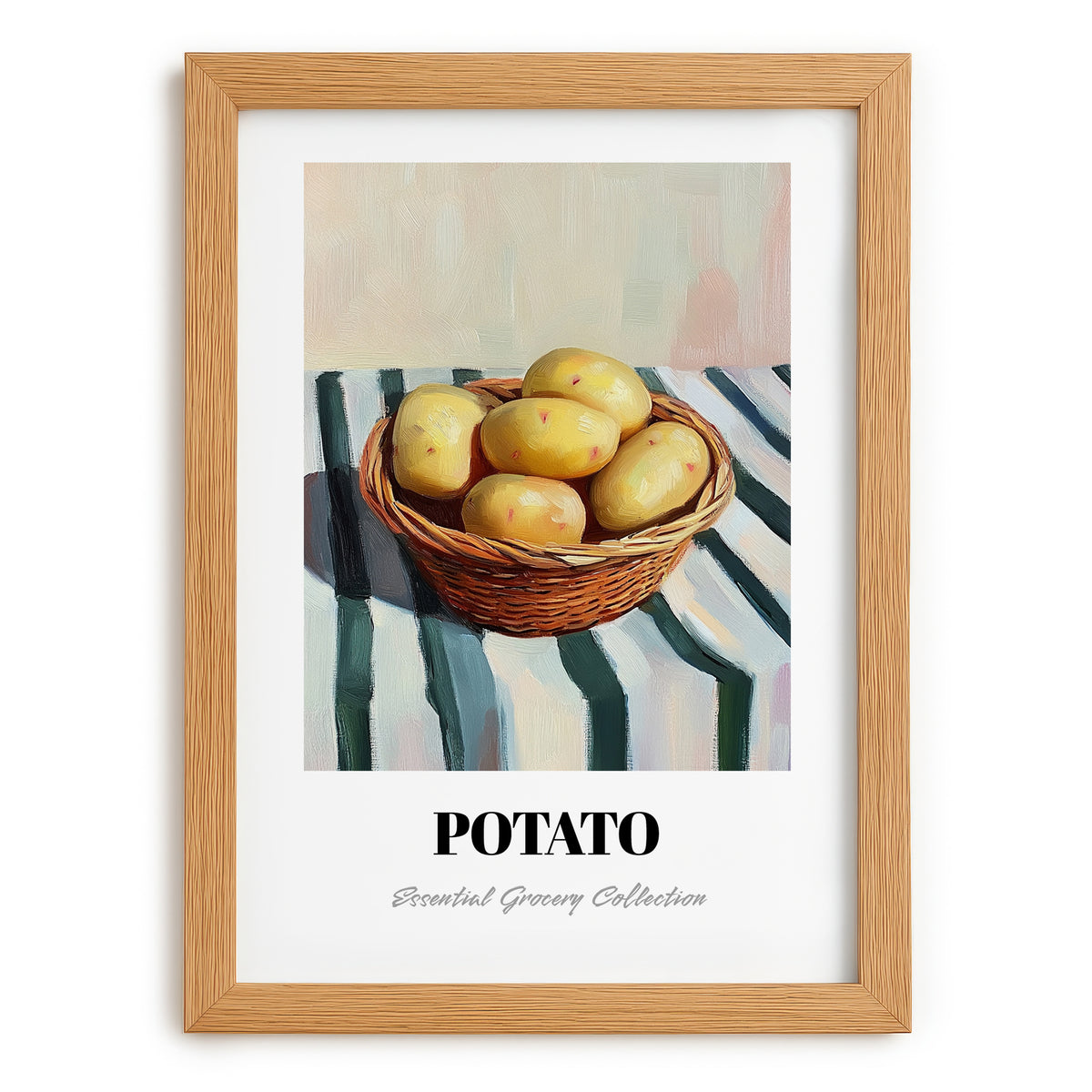 Potato – on Striped Tablecloth, Vegetable Painting, set in oak frame