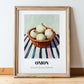 Onion – on Striped Tablecloth, Vegetable Print, in wooden frame leaning on the floor