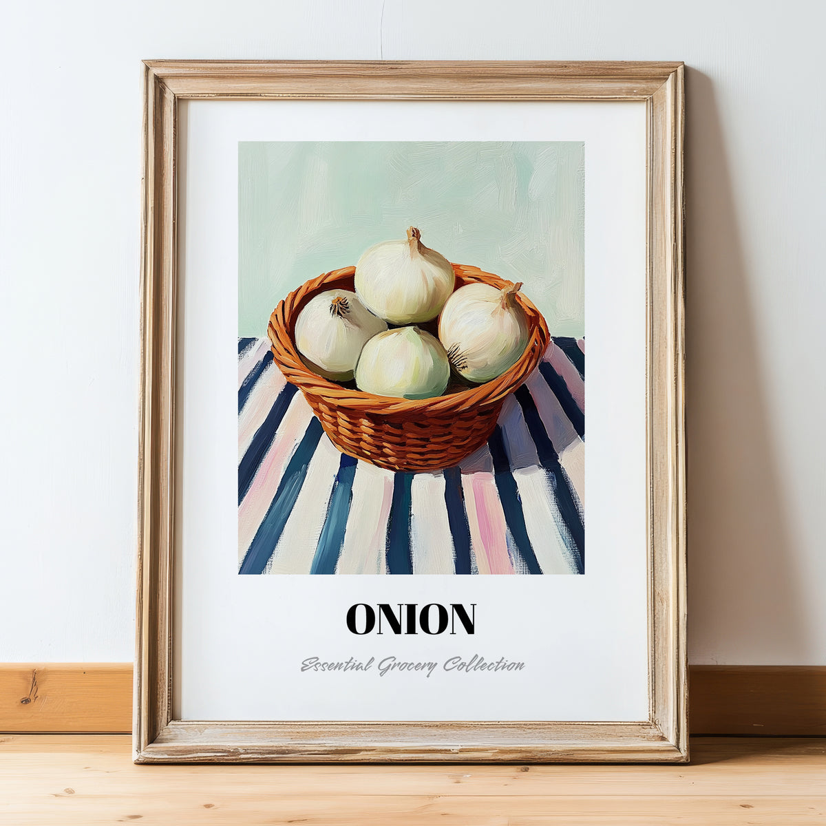 Onion – on Striped Tablecloth, Vegetable Print, in wooden frame leaning on the floor