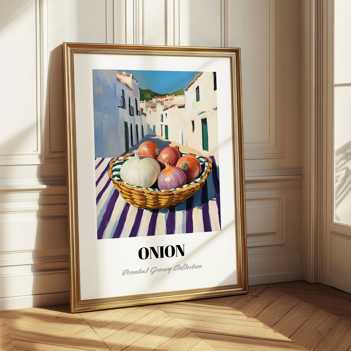 Onion – White village Street Café Scene, Vegetable Wall Illustration