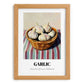 Garlic – on Striped Tablecloth, Vegetable Wall Art, set in oak frame