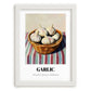 Garlic – on Striped Tablecloth, Vegetable Wall Art, placed in minimal white frame