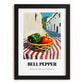 Bell Pepper – White village Outdoor Café Scene, Vegetable Wall Painting, in sleek black frame